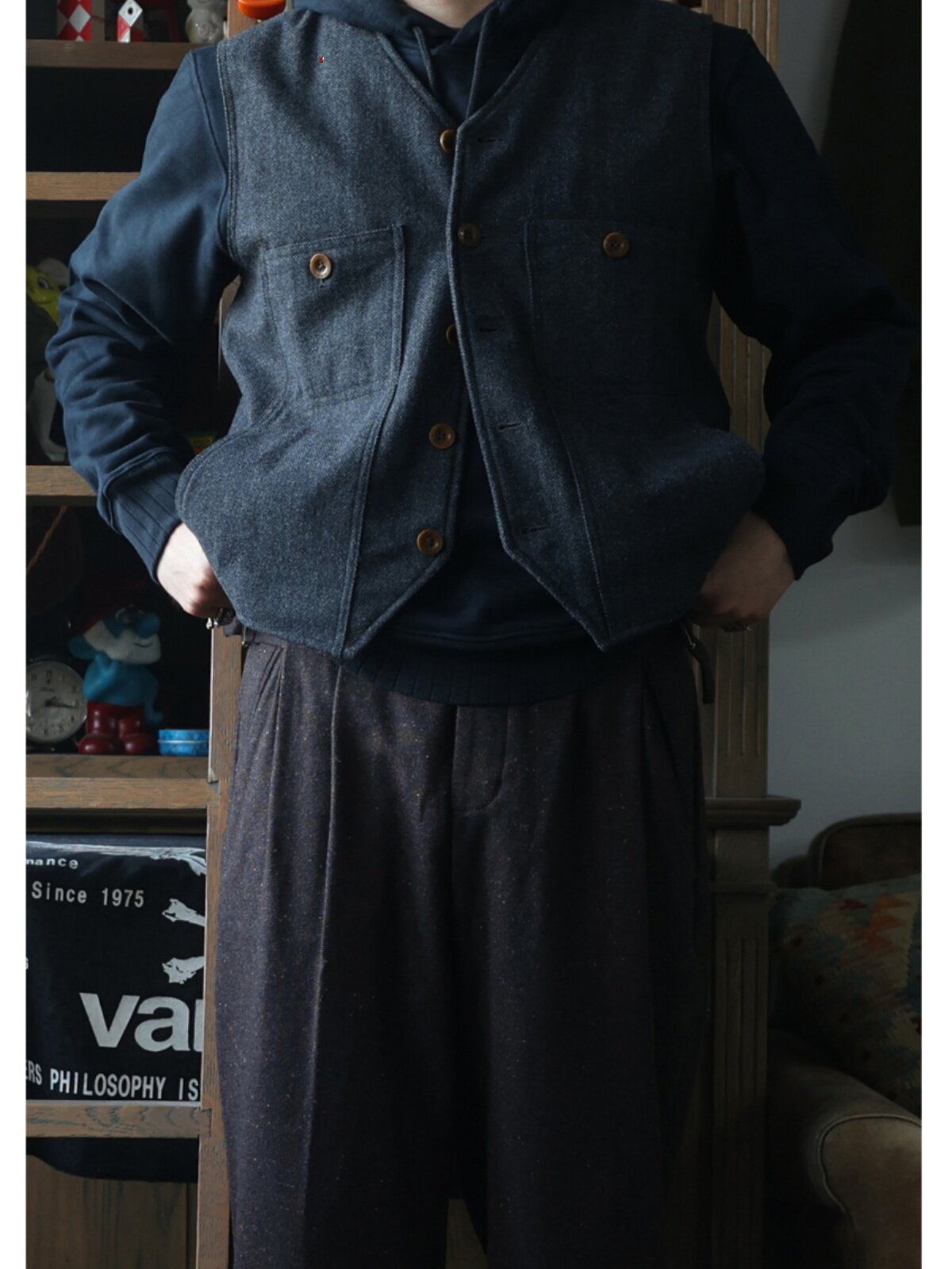 Secondorder FW24 Vintage Wool  - Leather Work Vest For Men ulasan dan harga