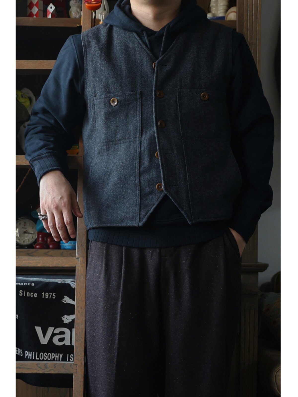 Secondorder FW24 Vintage Wool  - Leather Work Vest For Men ulasan dan harga